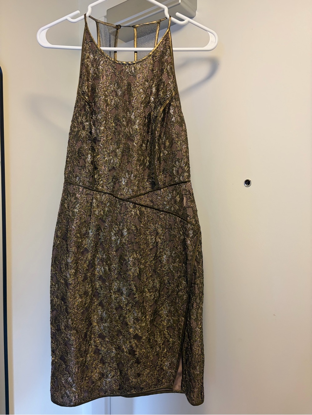 BCBGMaxAzria Gold Lace Halter Midi Dress